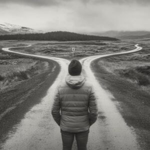 A person standing at a fork in the road symbolizing a choice between two paths
