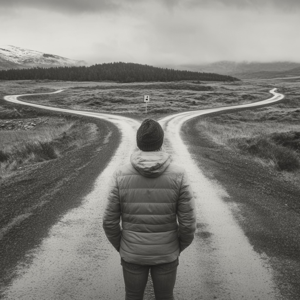 A person standing at a fork in the road symbolizing a choice between two paths