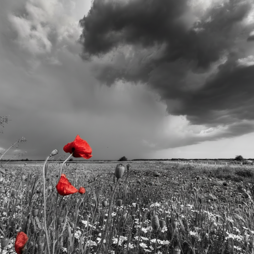 A field with red flowers and a black and white background of a storm over a field.