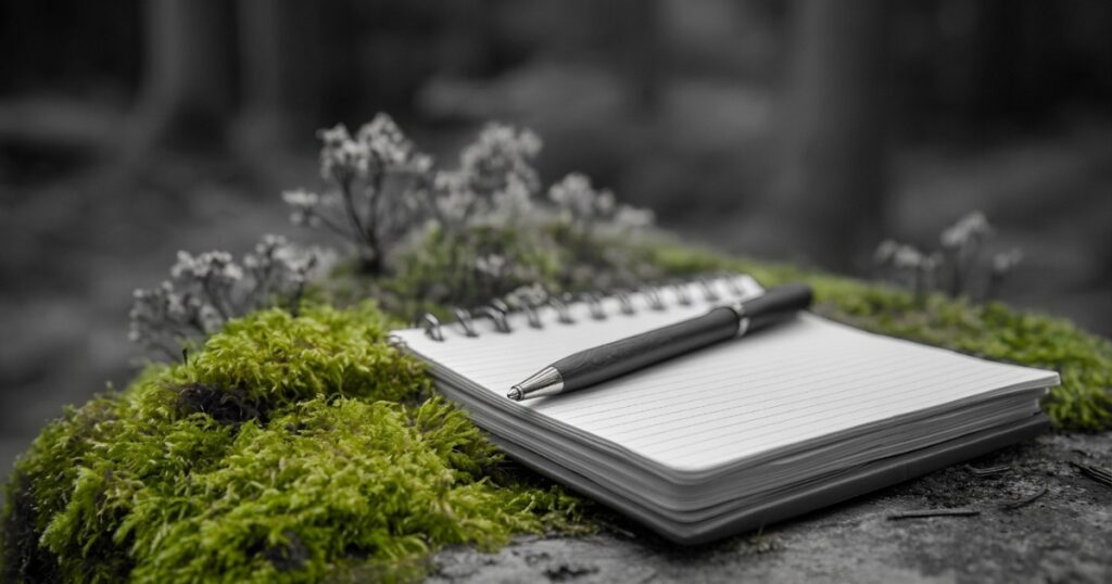Open notebook with pen on moss-covered stone, representing discovery and strategic thinking for content strategy
