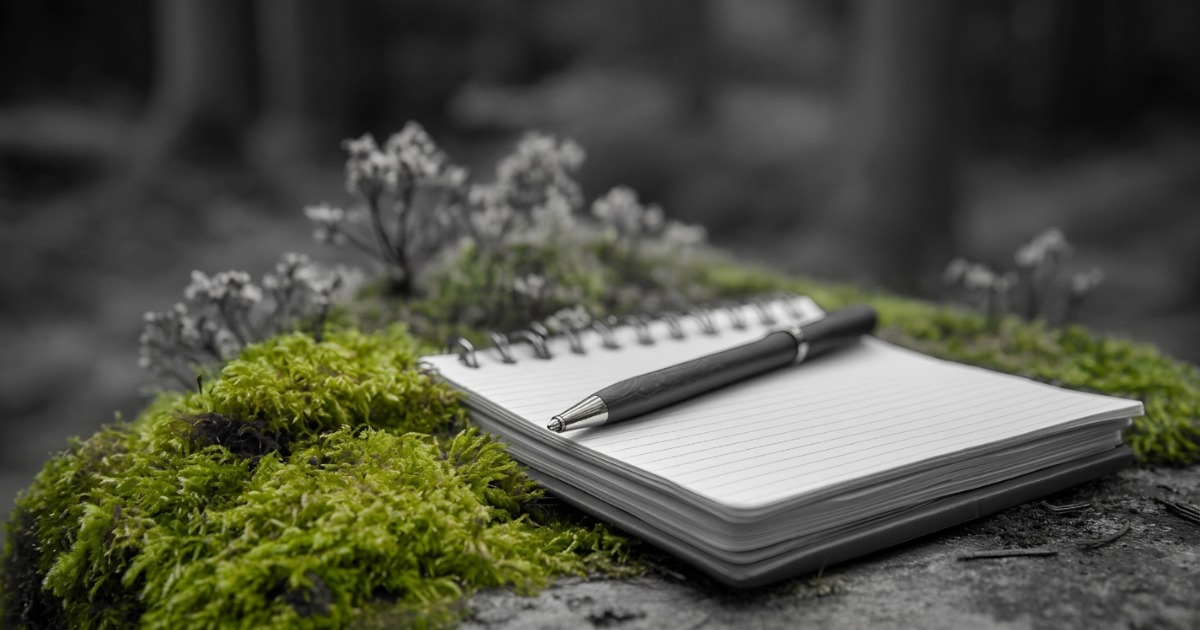 Open notebook with pen on moss-covered stone, representing discovery and strategic thinking for content strategy