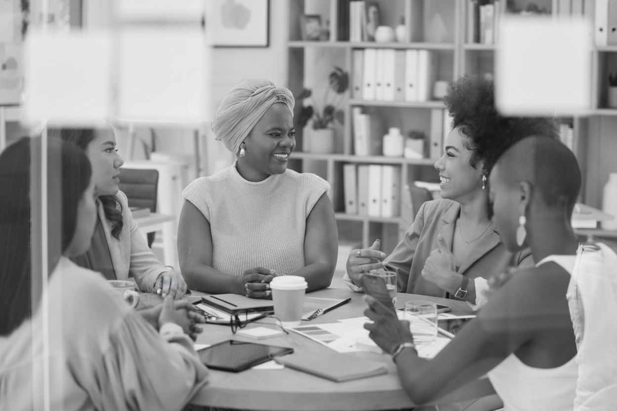 A diverse group of women sitting around a table in a bright office, smiling and engaged in a collaborative discussion with notebooks, coffee, and planning materials.