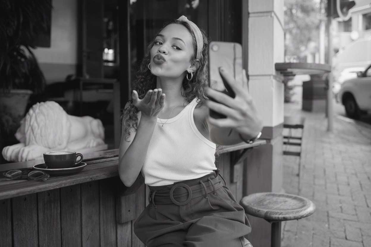 A woman sitting at an outdoor café takes a selfie with her phone while blowing a kiss, with a coffee cup on the counter beside her.