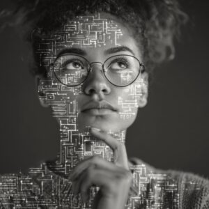 Woman looking up with a thinking with glasses and computer technology over her.
