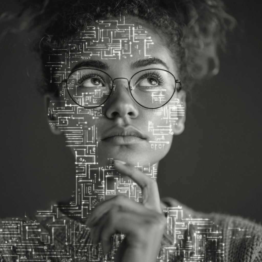 Woman looking up with a thinking with glasses and computer technology over her.