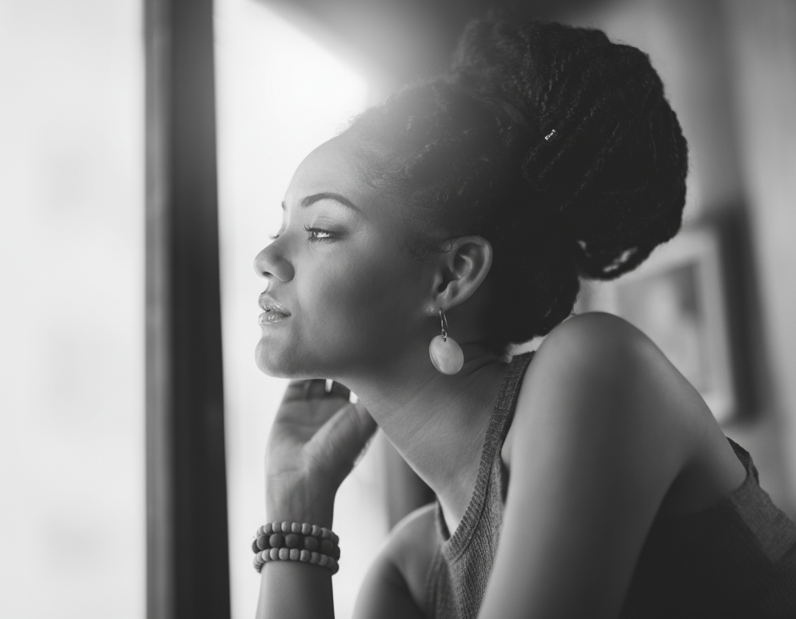 Black woman at a coffee shop looking out the window in contemplation