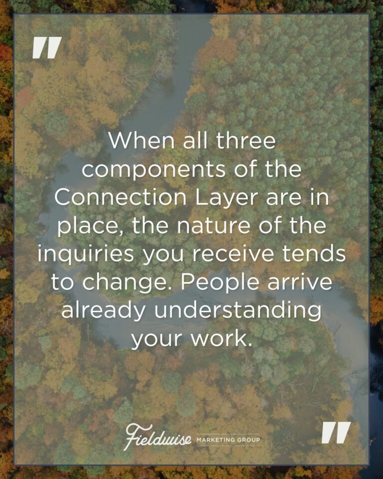 FieldWise Marketing Group quote: When all three components of the Connection Layer are in place, the nature of the inquiries you receive tends to change. People arrive already understanding your work.]