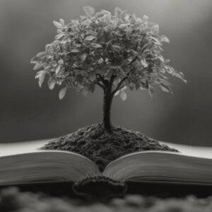 Book with a tree growing out of it.
