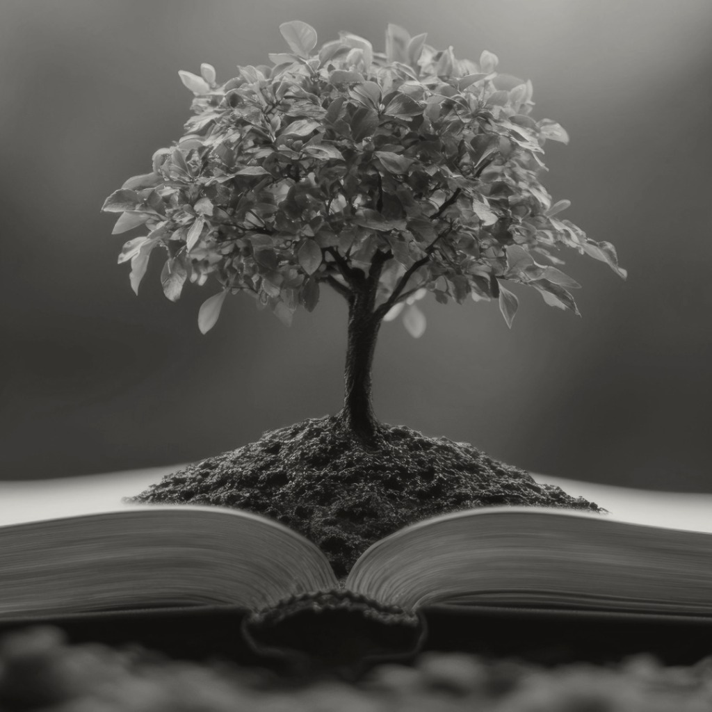 Book with a tree growing out of it.