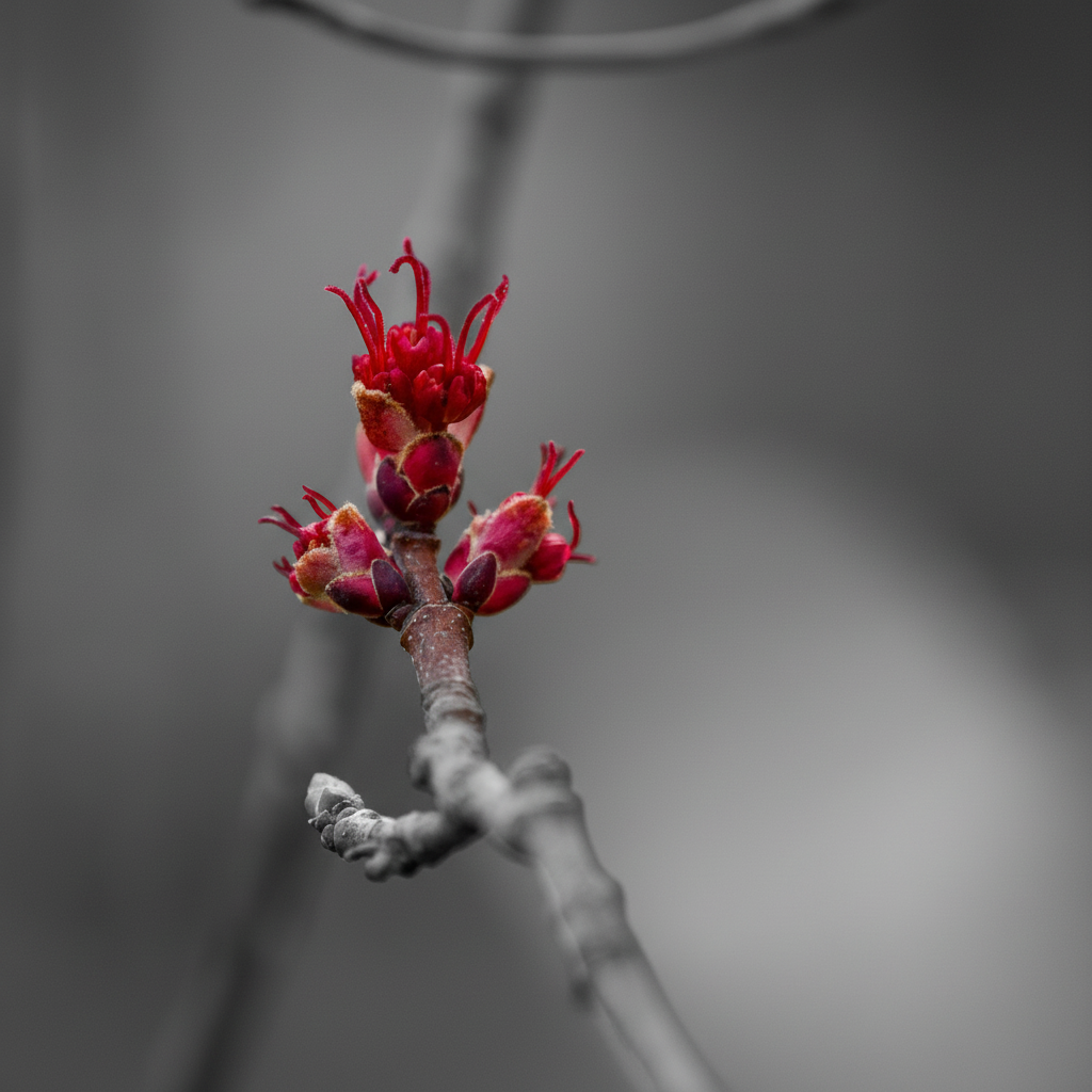 Budding maple leaf on a black and white background