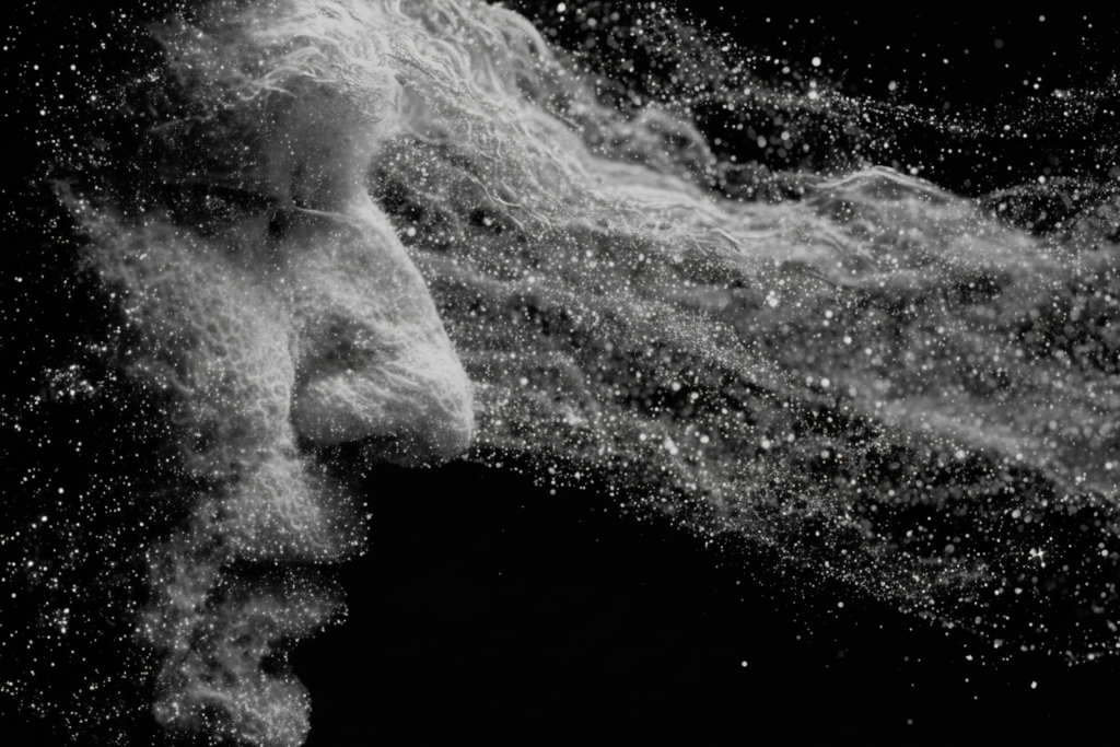 An abstract black and white profile of a human face formed from swirling light and particles against a dark background.