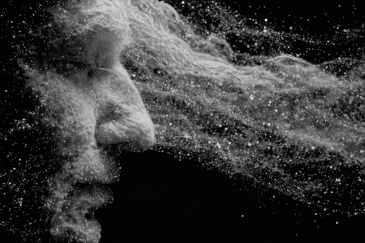 An abstract black and white profile of a human face formed from swirling light and particles against a dark background.